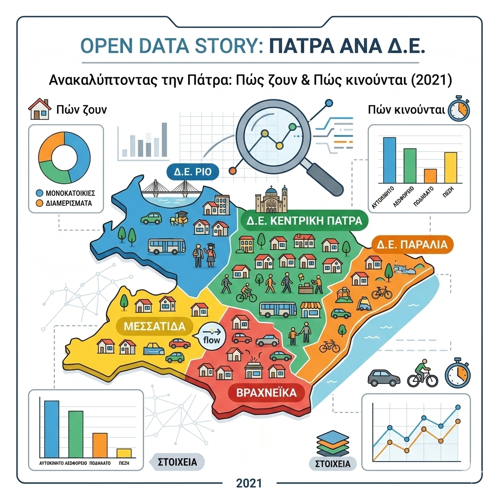 Open Data Story: Ανακαλύπτοντας την Πάτρα ανά Δ.Ε.: Πώς ζουν και πώς κινούνται οι κάτοικοι ανά Δ.Ε. (2021)